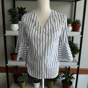 WHITE HOUSE BLACK MARKET WHBM Blue White Striped Shirt Blouse Size 0